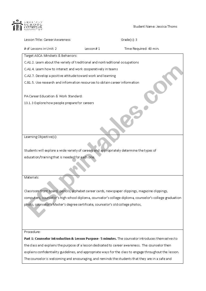 Career Awareness worksheet