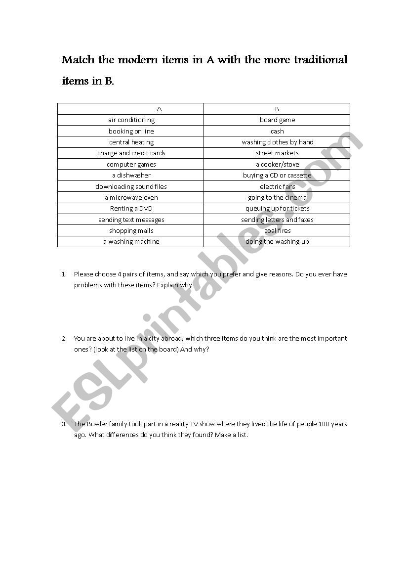 modern and traditional  worksheet