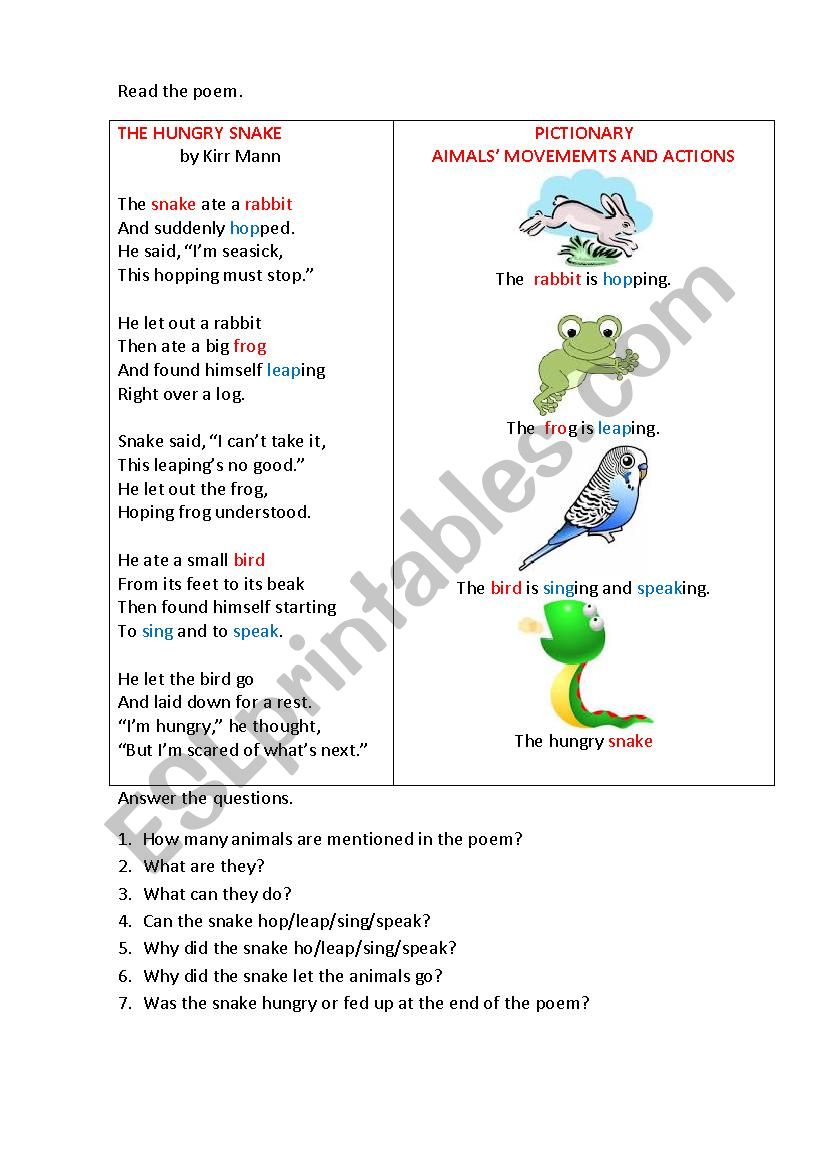 THE HUNGRY SNAKE (a poem) worksheet