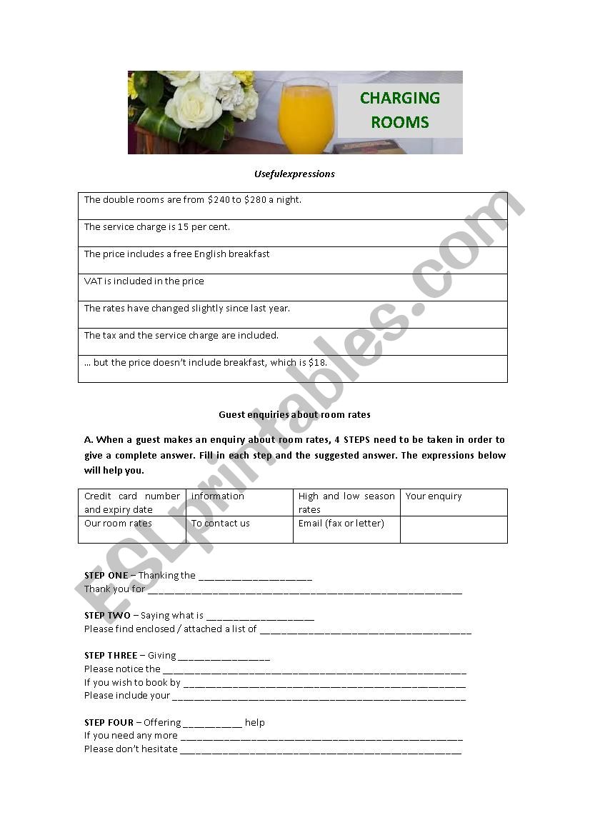 Tourism - charging rooms worksheet