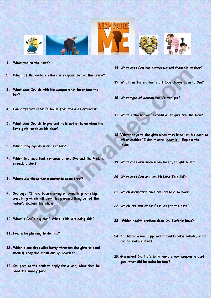 DESPICABLE ME 1. 25 QUESTIONS (with answer key)