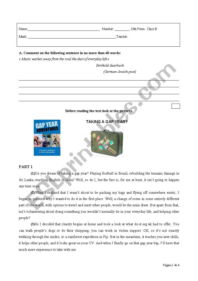 Test about the topic Gap Year worksheet