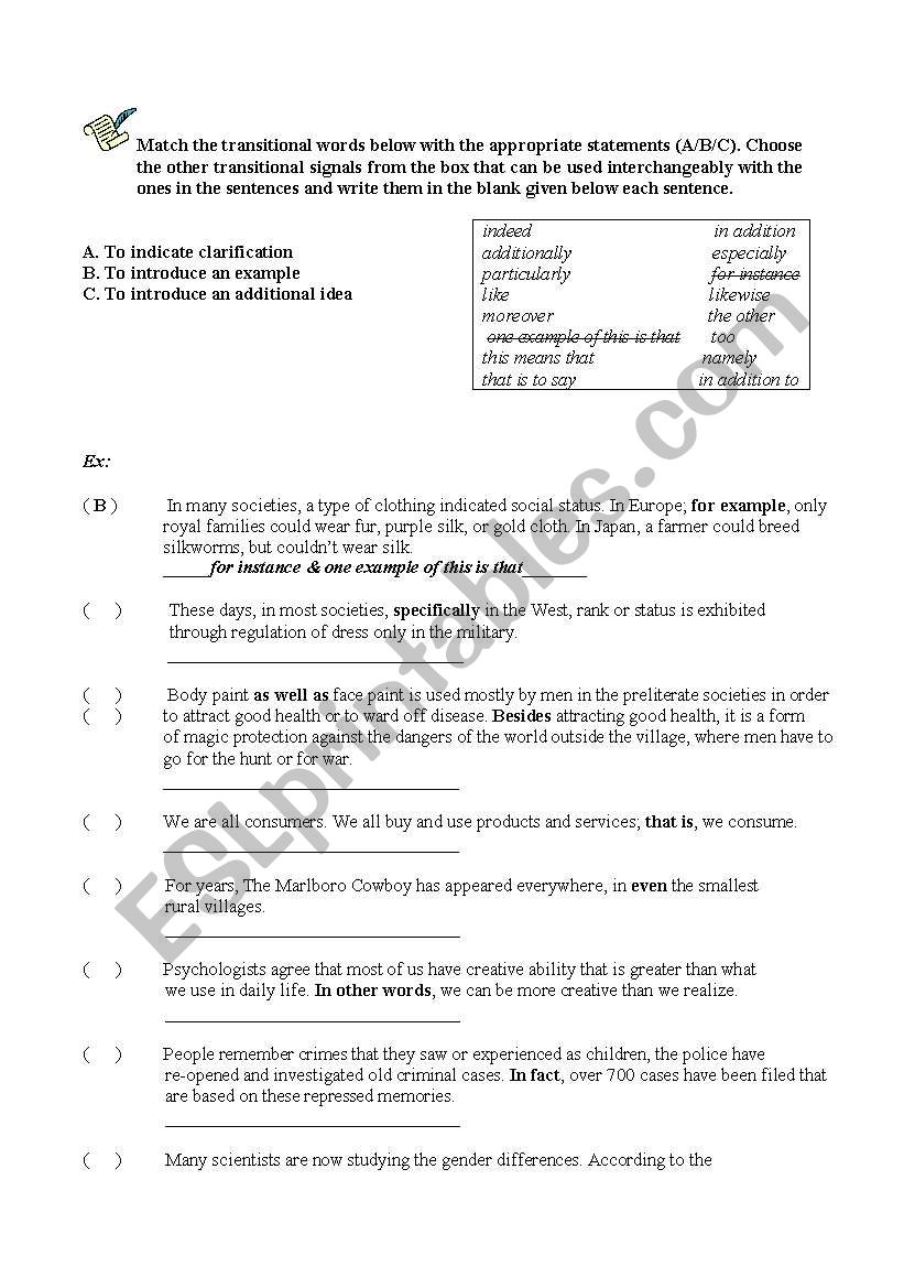 Writing Transition Sentences worksheet