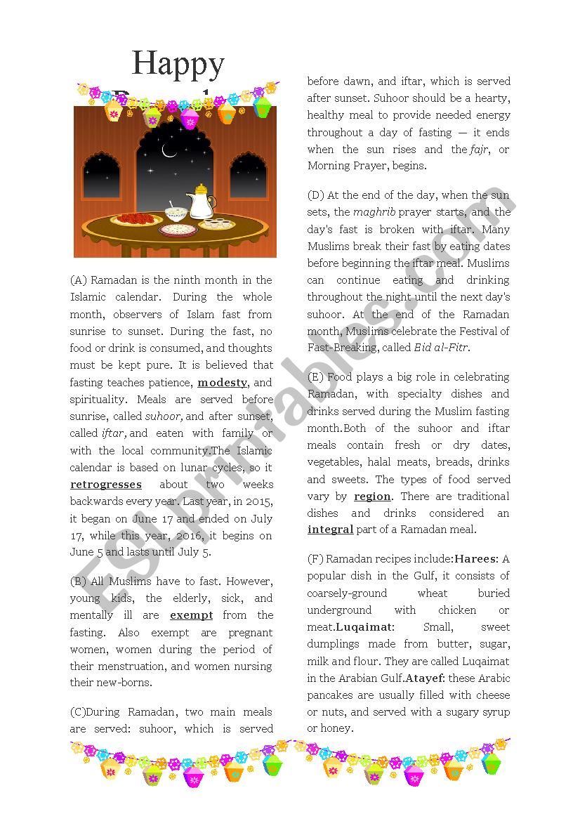 Reading Comprehension Ramadan worksheet