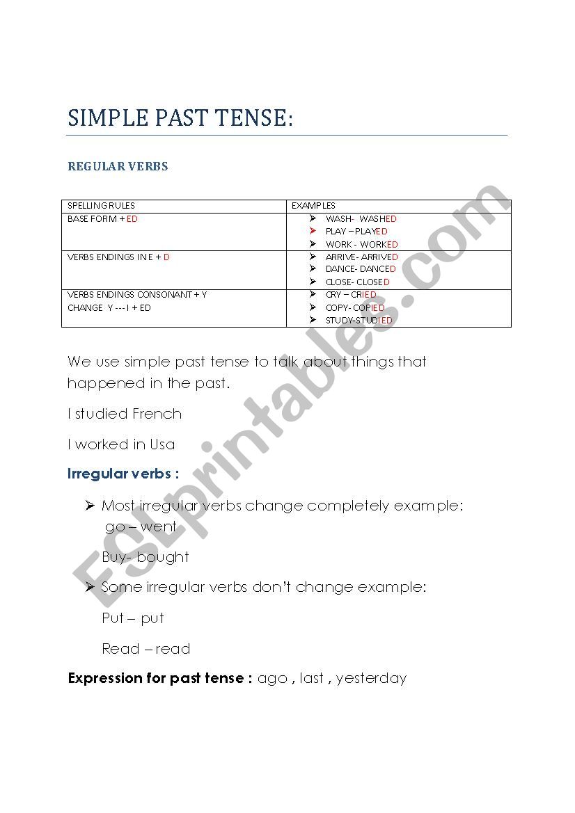 SIMPLE PAST TENSE  worksheet