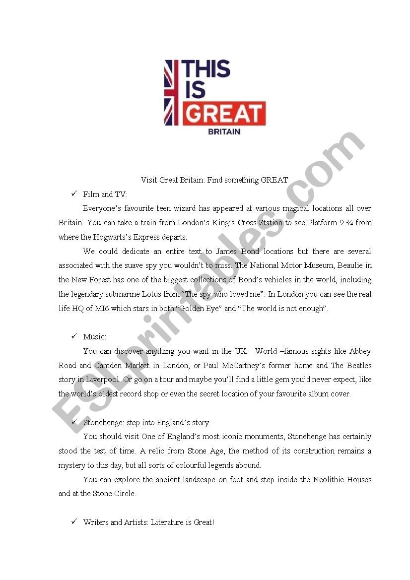 Visit Great Britian worksheet