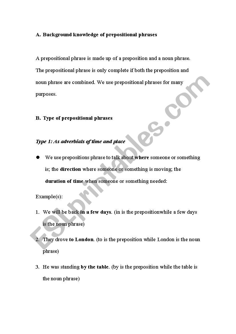 Prepositional phrase worksheet