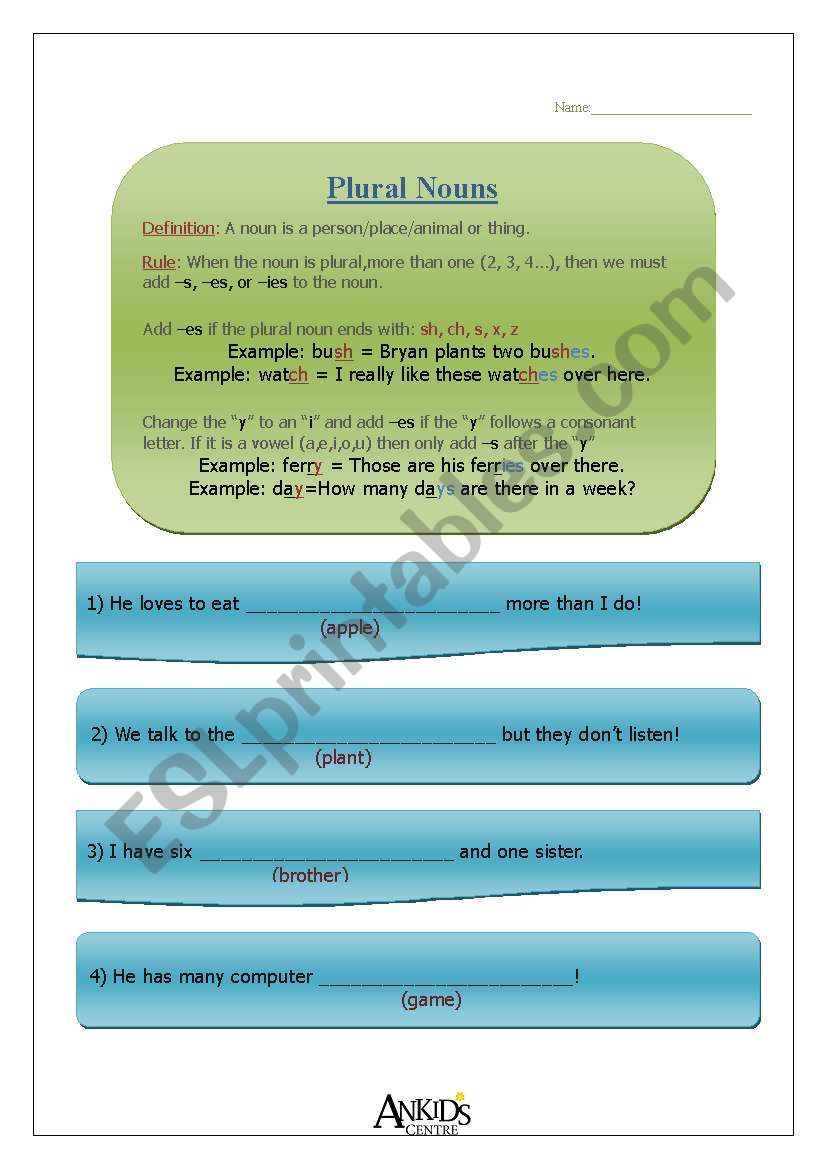 (3 pages) Plural Nouns -s, -es, -ies