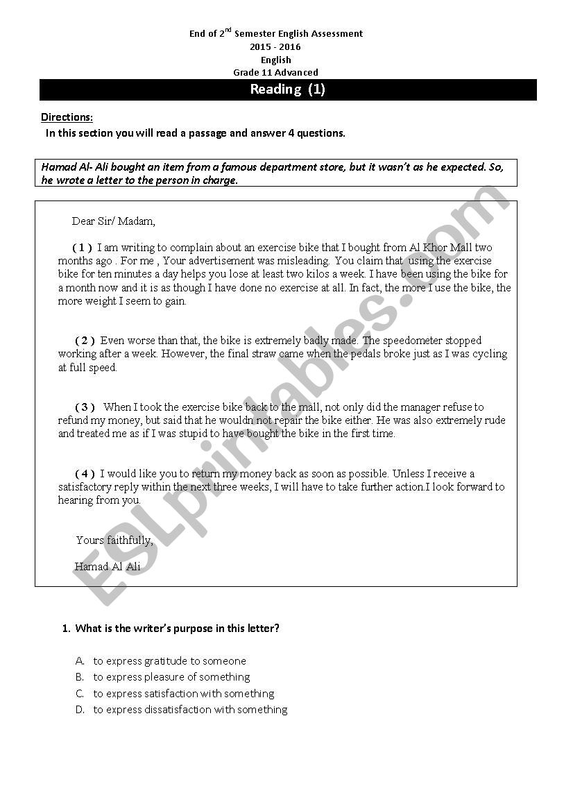 Exam -gr.11 worksheet