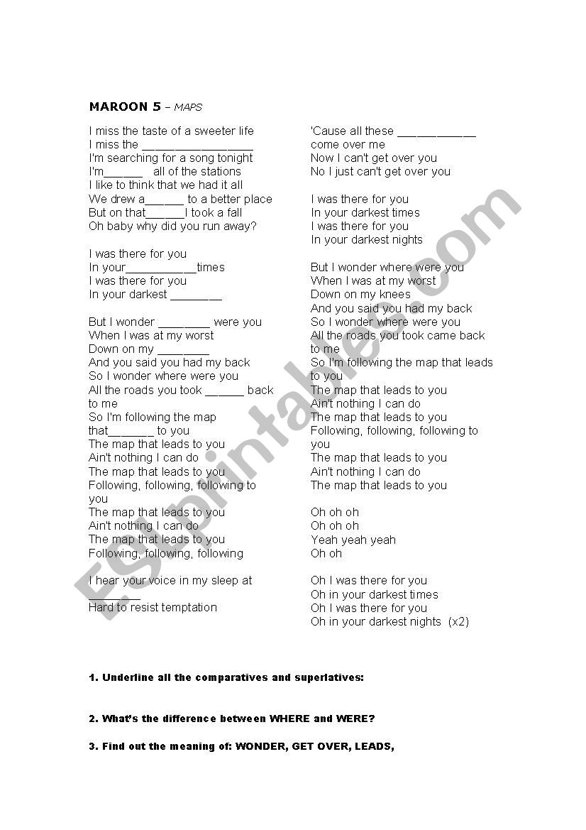 SONG MAROON5_Comparisons worksheet