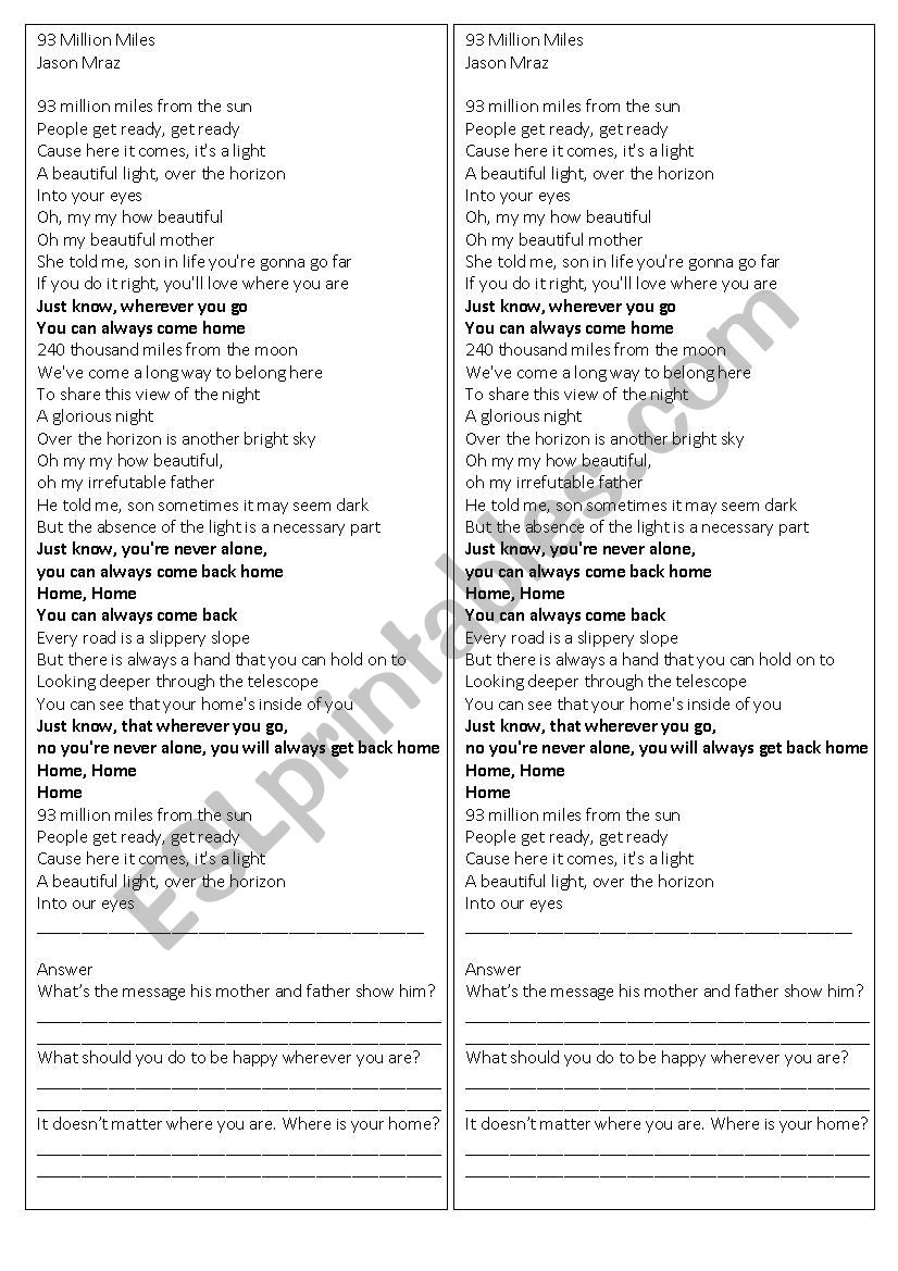 93 Million Miles  Jason Mraz worksheet