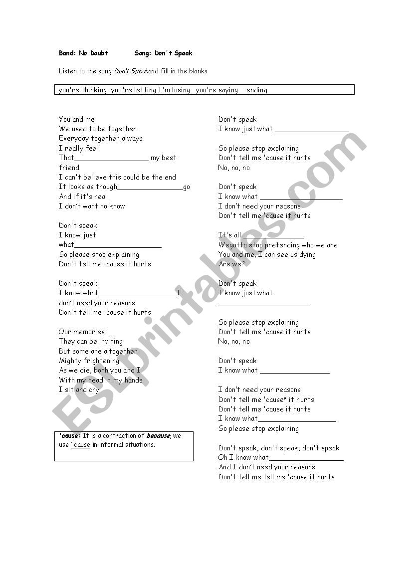 Song DonÂ´t speak worksheet