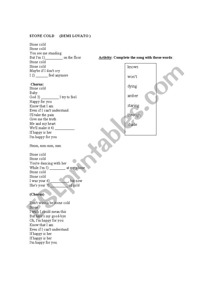 Stone cold (Demi Lovato) worksheet