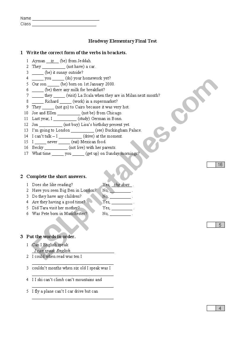 Headway Elementary final test worksheet