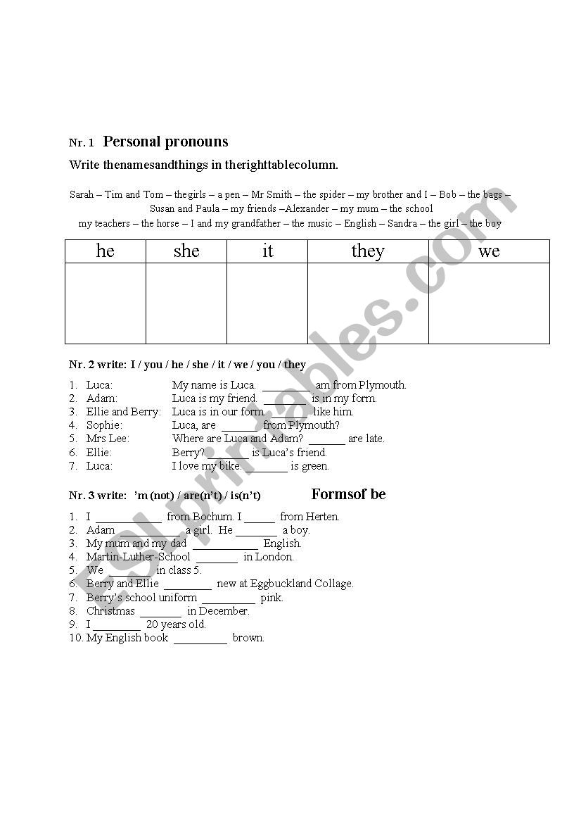 Personal pronouns worksheet