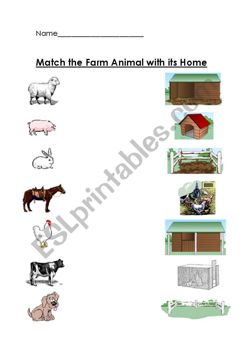 FARM ANIMALS AND THEIR HOME MATCHING WORKSHEET