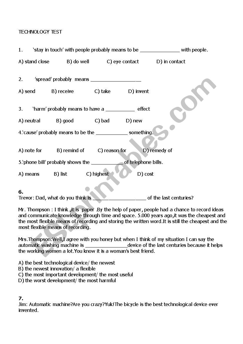 technology test worksheet