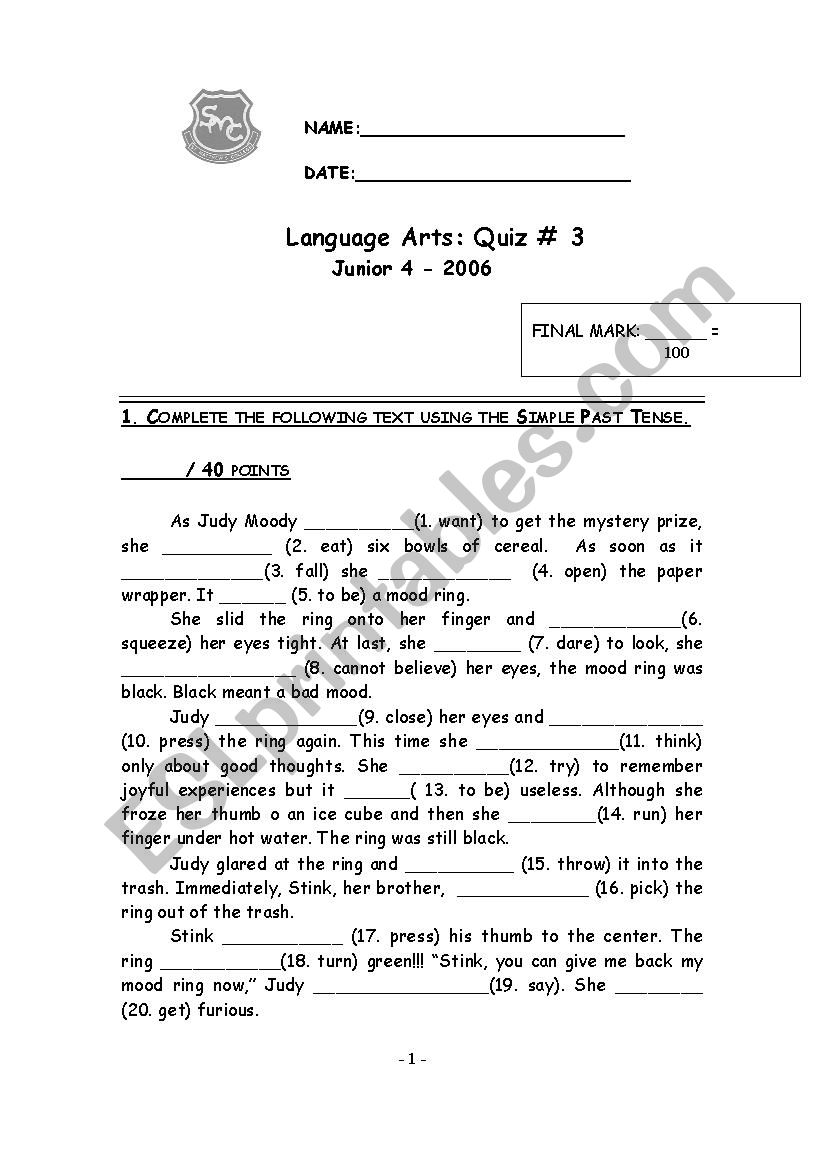 Simple Past - Fill in the gaps activity about the book Judy Moody