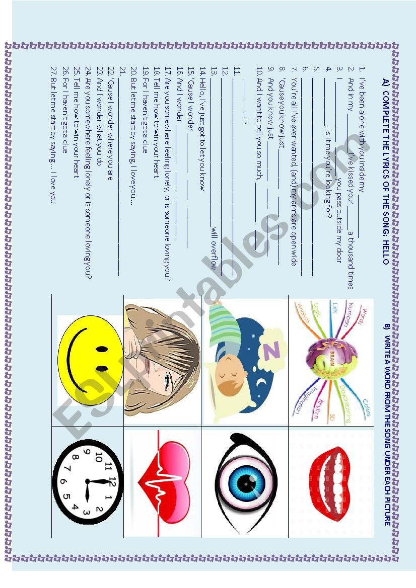 Vocabulary match activity with the LYRICS OF THE SONG: HELLO