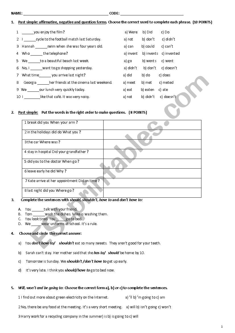 The interview reading and Modal verbs, Future and past test