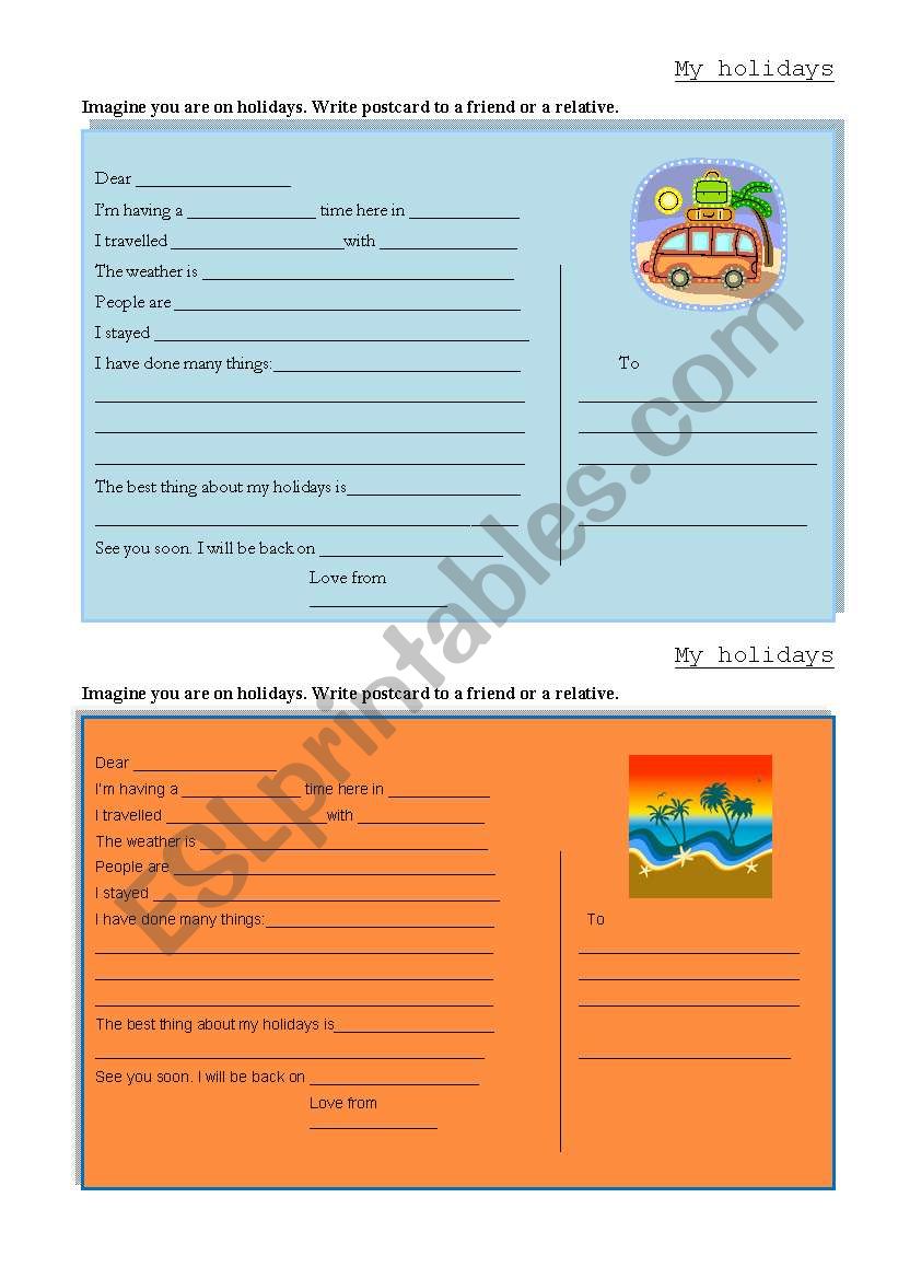 My holidays- postcard writing worksheet