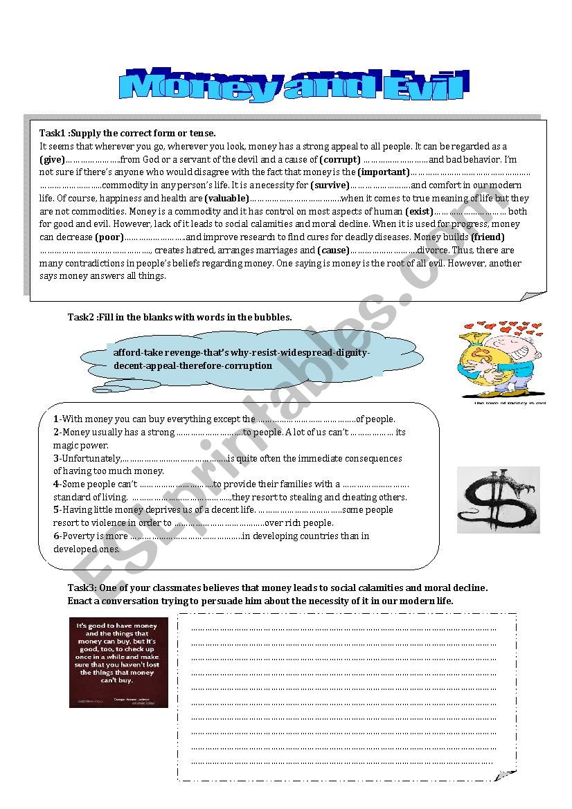 MONEY AND EVIL CONSOLIDATION worksheet