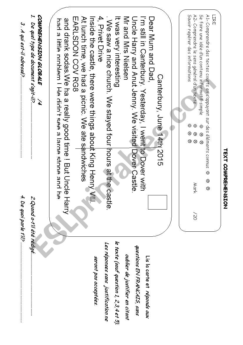 POSTCARD TEXT COMPREHENSION worksheet