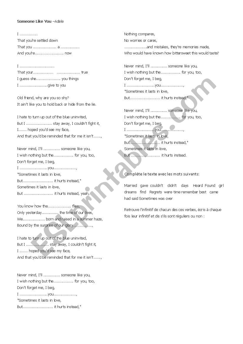 SOMEONE LIKE YOU worksheet