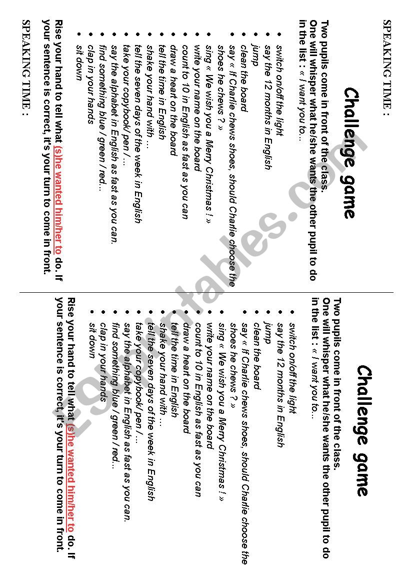 Challenge game worksheet