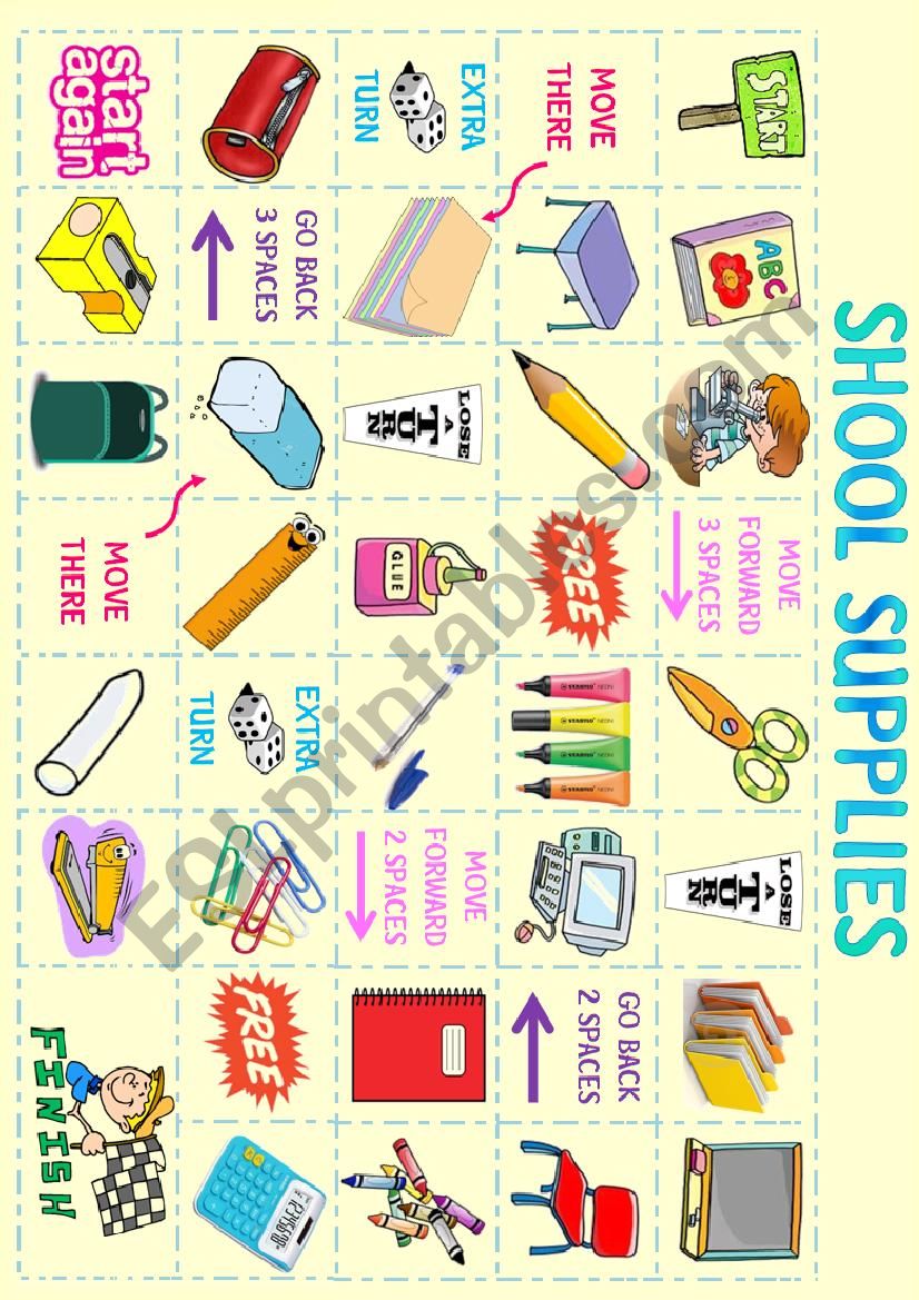 School Supplies Board Game worksheet