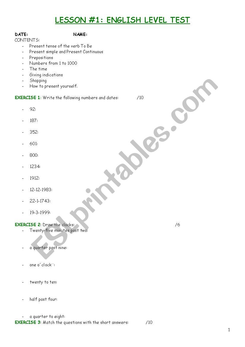 LEVEL TEST - Primary worksheet