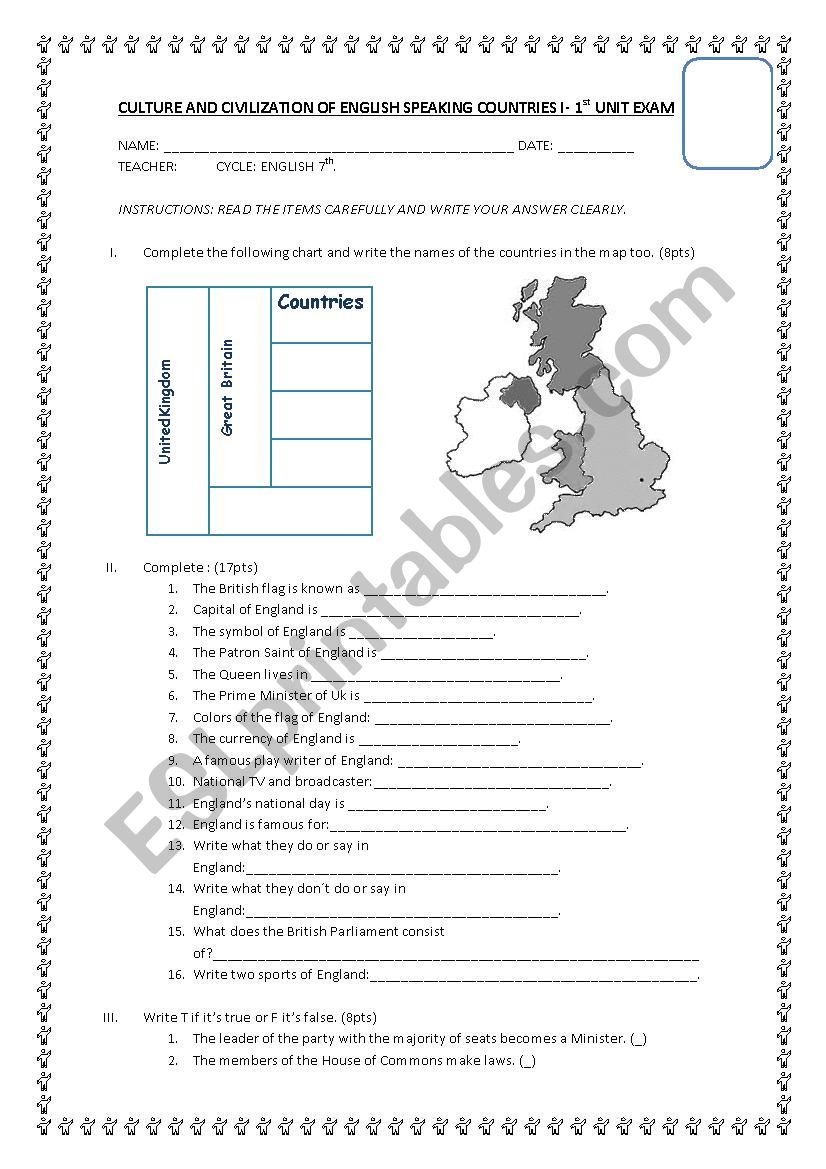 exam about ENGLAND worksheet