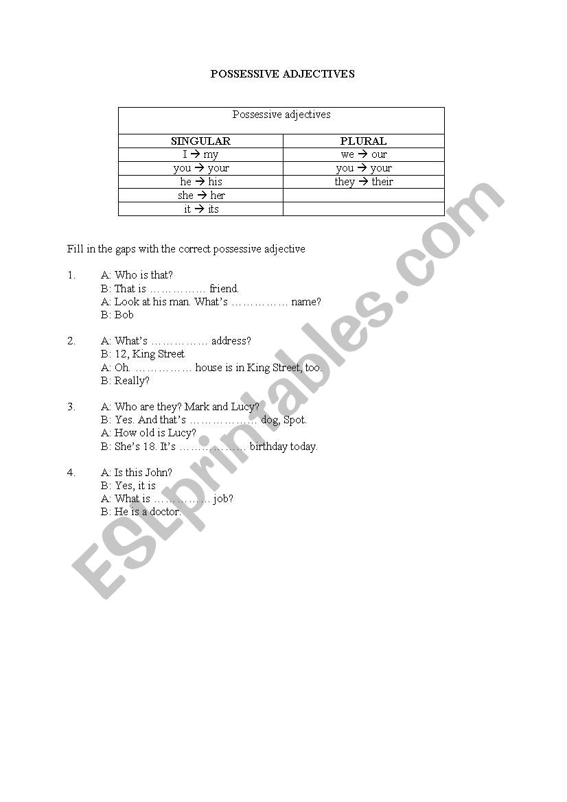 Possesive adjectives worksheet