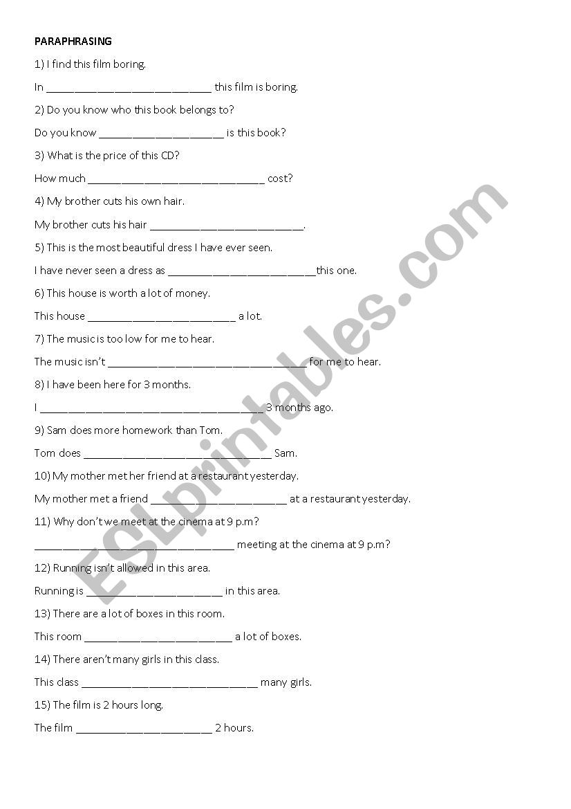 PARAPHRASING worksheet