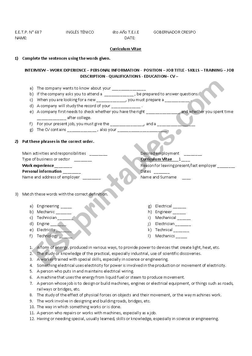 CV worksheet