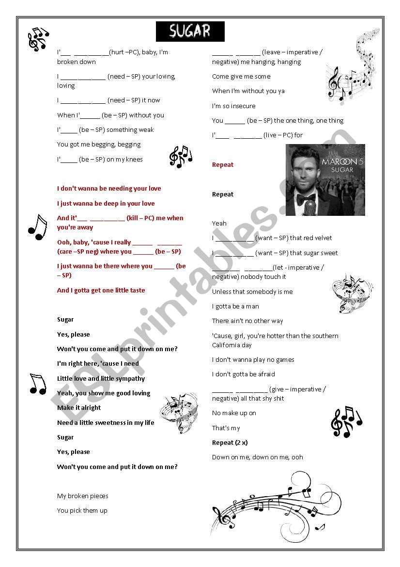 SONG SUGAR MAROON FIVE worksheet