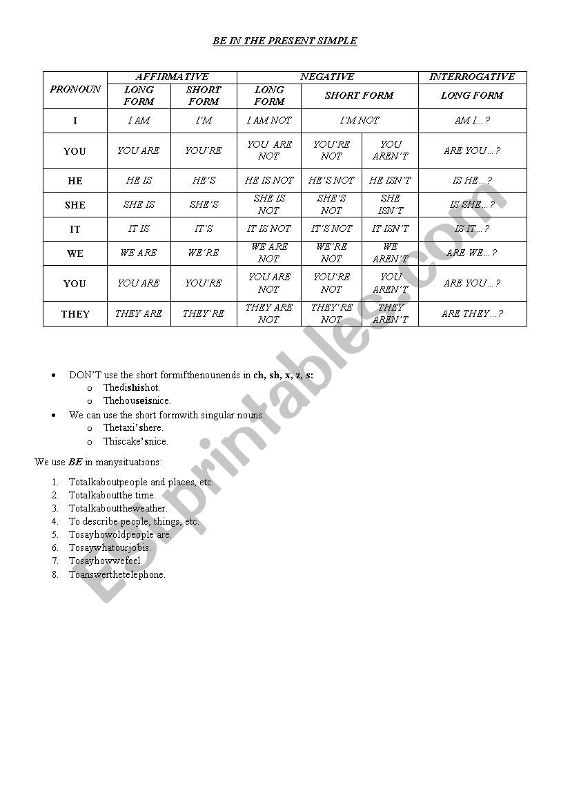 Be in Simple Present worksheet