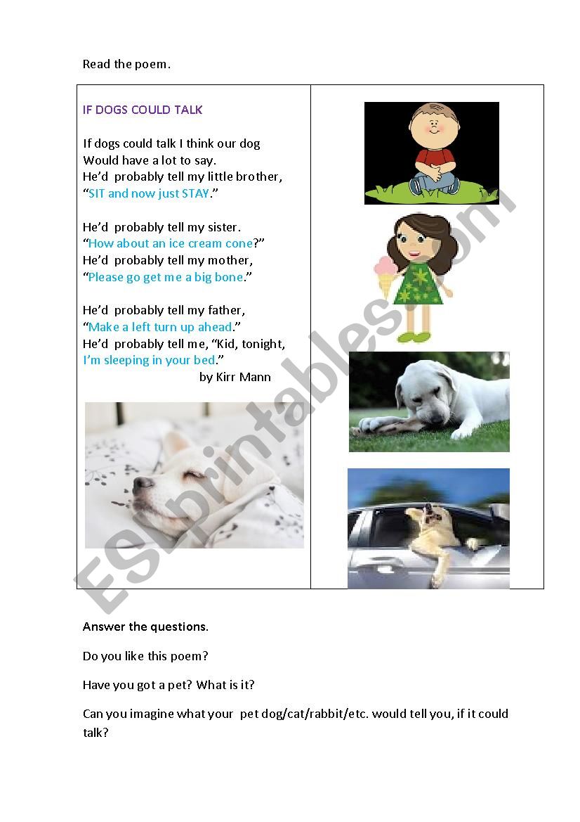 IF DOGS COULD TALK (a poem) worksheet