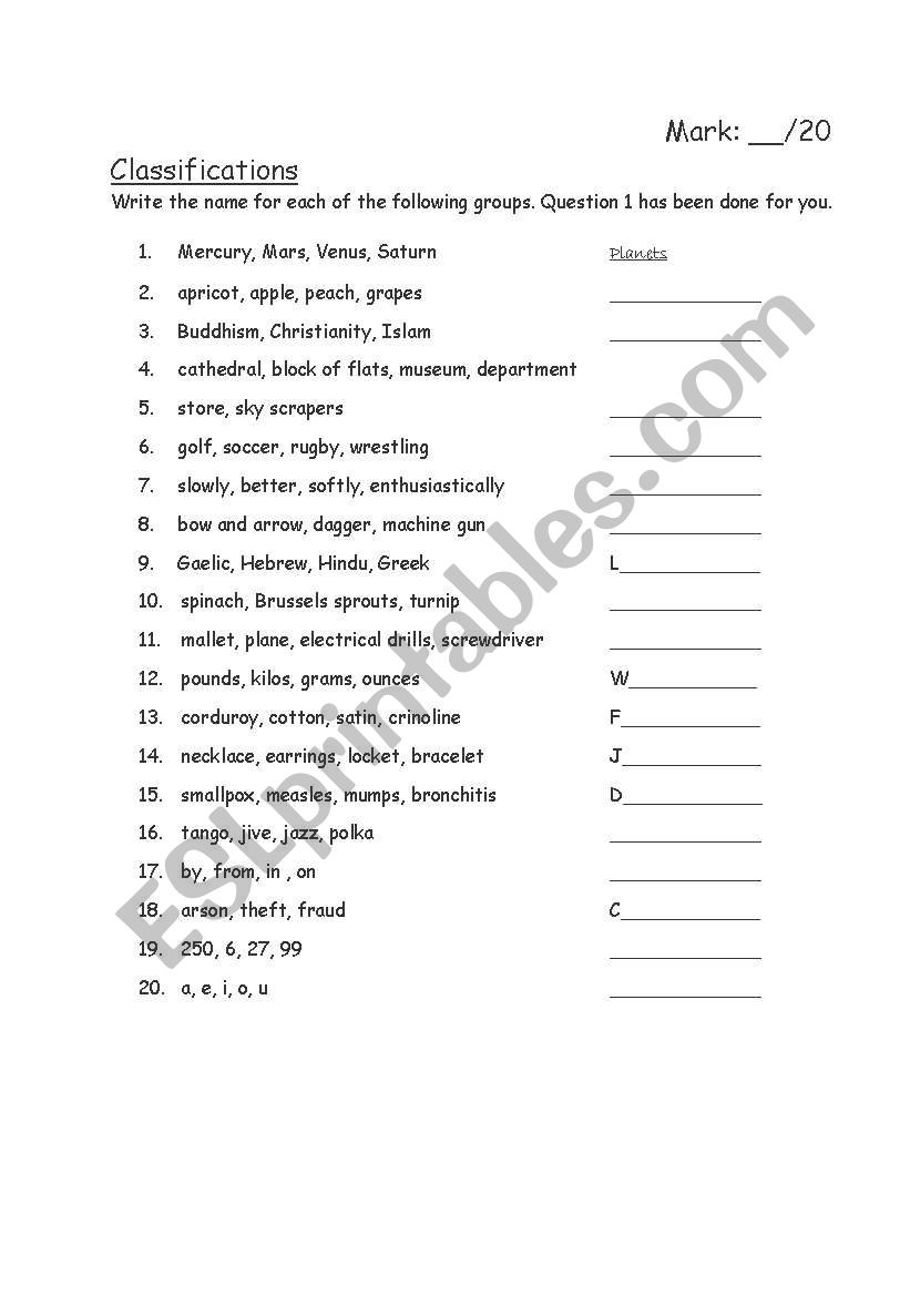Classifications worksheet