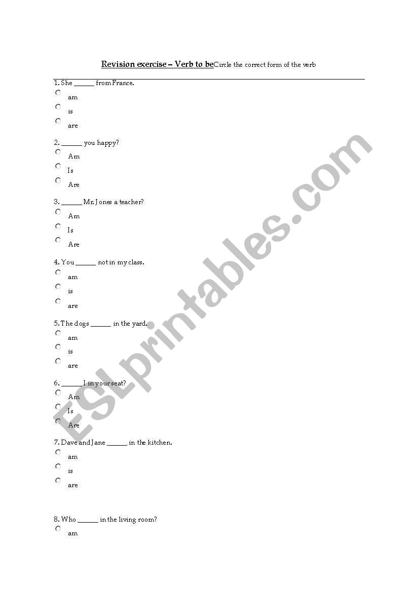 Verb to be worksheet