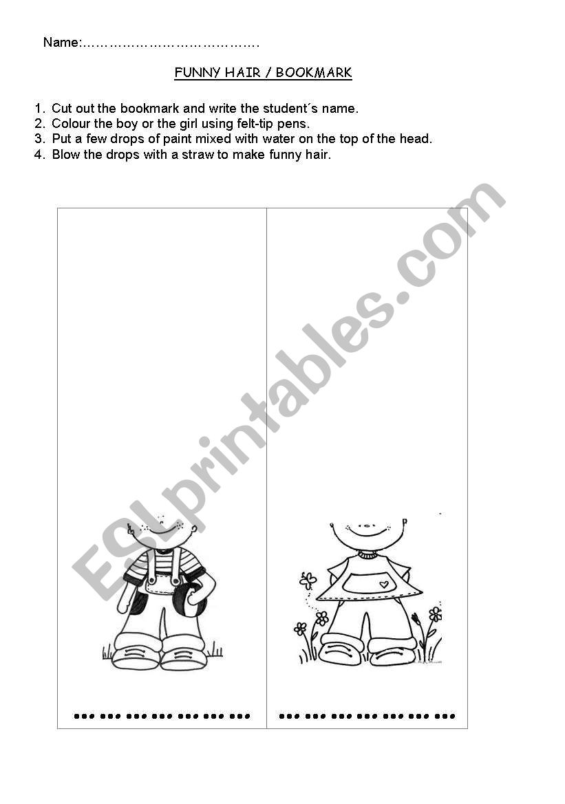 Funny hair bookmark worksheet