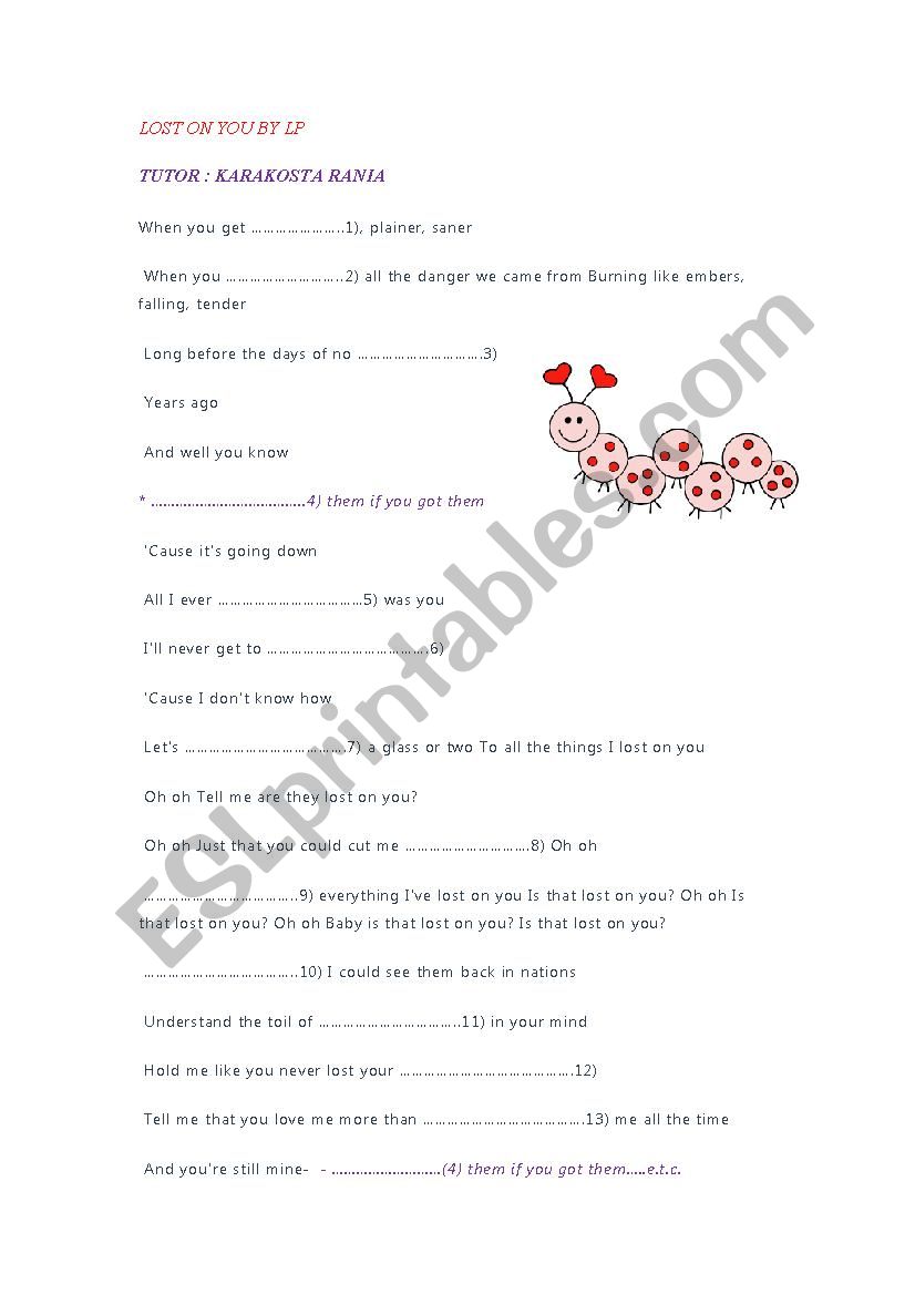 LOST ON YOU BY LP worksheet
