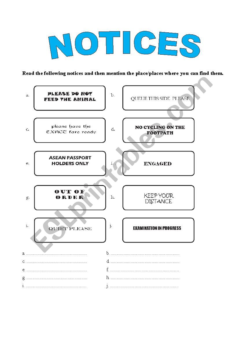 VOCABULARY  : NOTICES worksheet