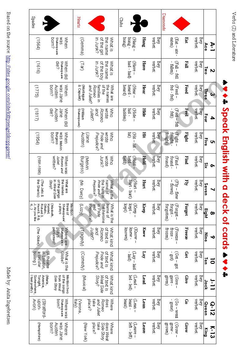 Speak English with a deck of cards - verbs and literature