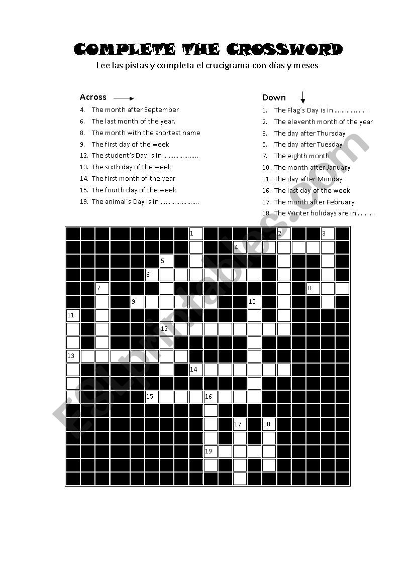 Days Months Crossword worksheet