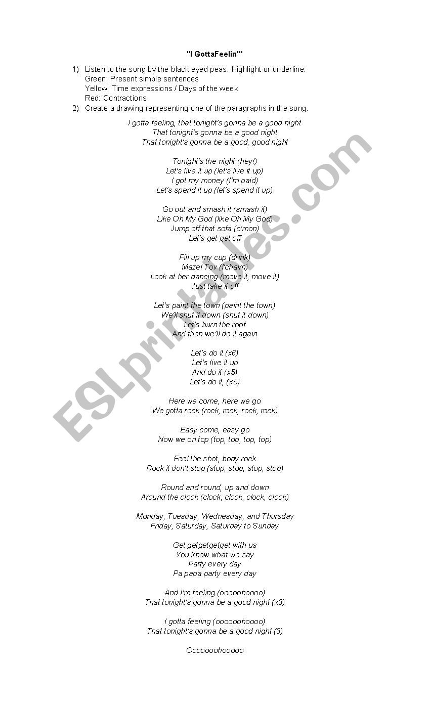 I gotta feeling song worksheet