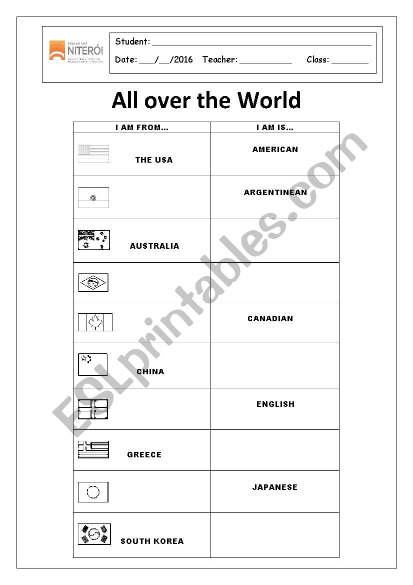 Countrries and nationalities worksheet