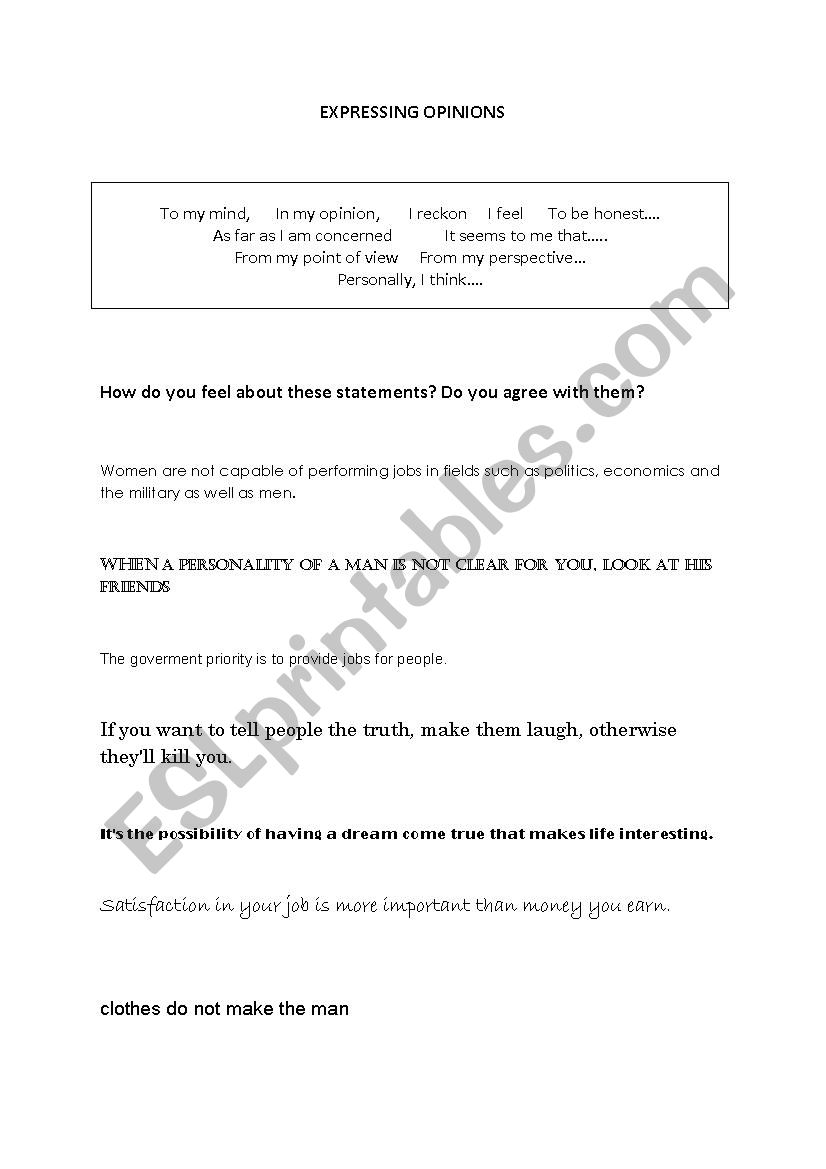 Expressing opinion worksheet