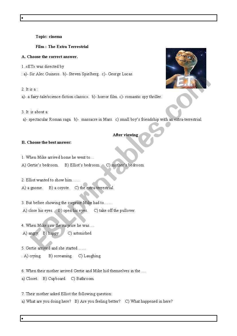 Worksheet about the film ET worksheet