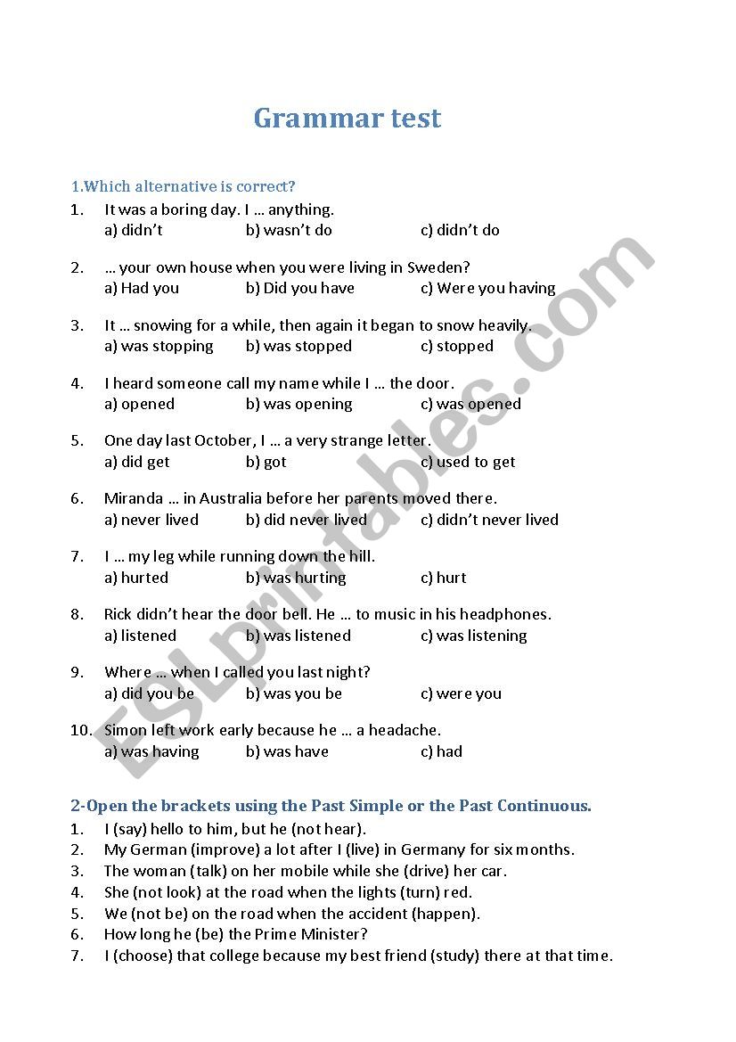 Grammar test worksheet